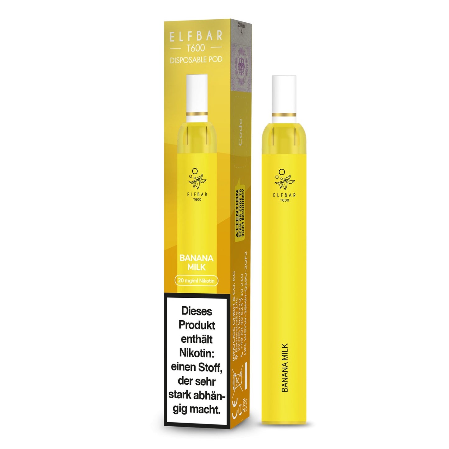 Elf Bar - T600 - Einweg E-Zigarette (Nikotinfrei/Nikotin) - Banana Milk 1er Packung 20 mg/ml- Vapes4you