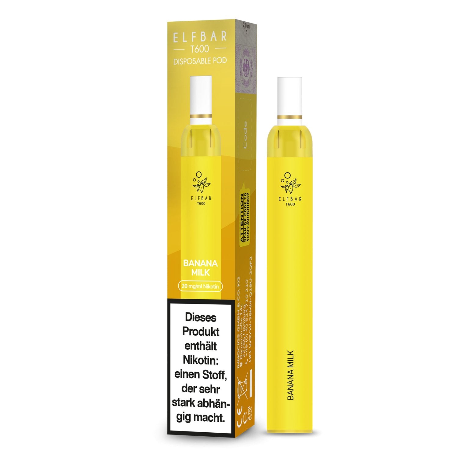 Elf Bar - T600 - Einweg E-Zigarette (Nikotinfrei/Nikotin) - Banana Milk 1er Packung 20 mg/ml- Vapes4you