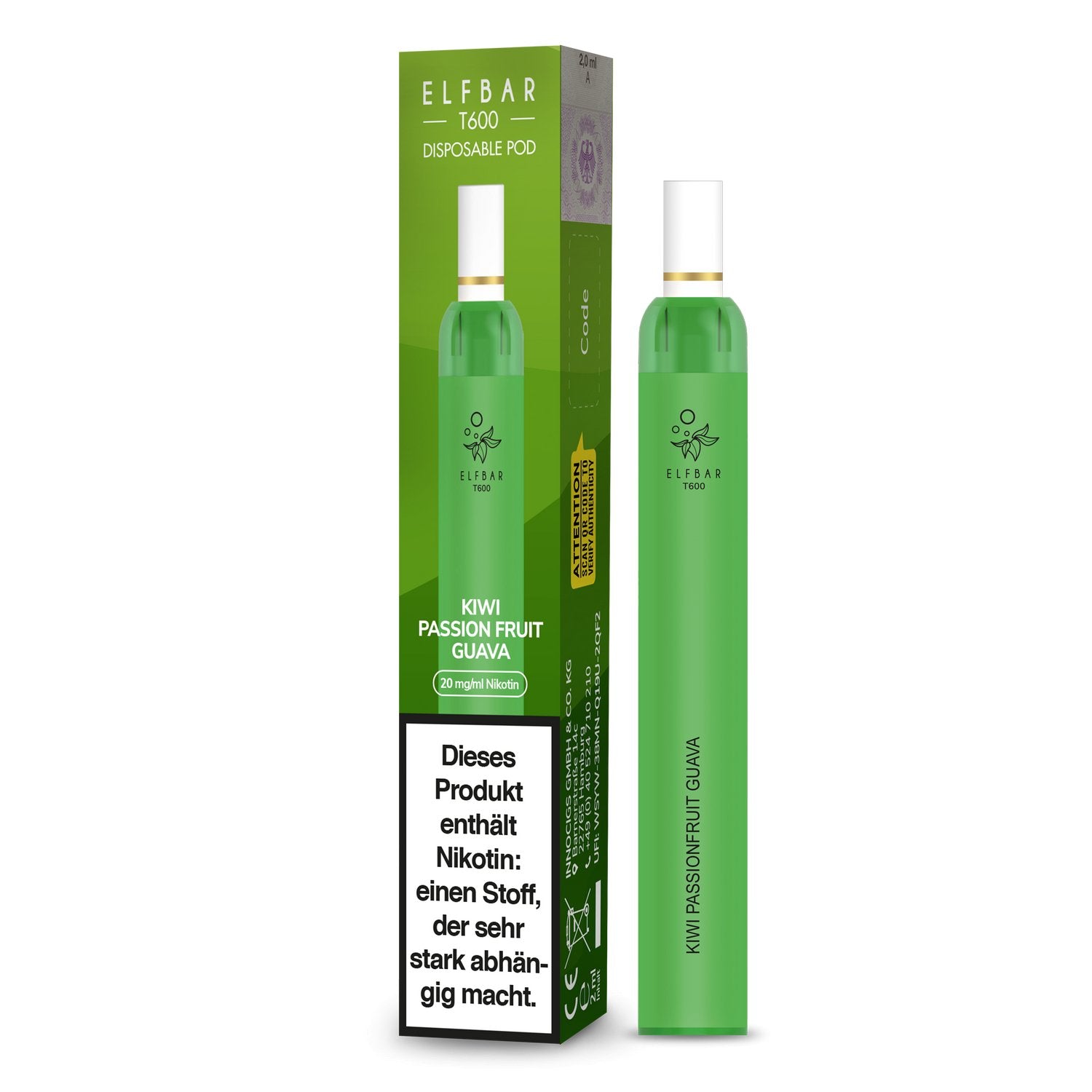Elf Bar - T600 - Einweg E-Zigarette (Nikotinfrei/Nikotin) - Kiwi Passionfruit Guava 1er Packung 20 mg/ml- Vapes4you