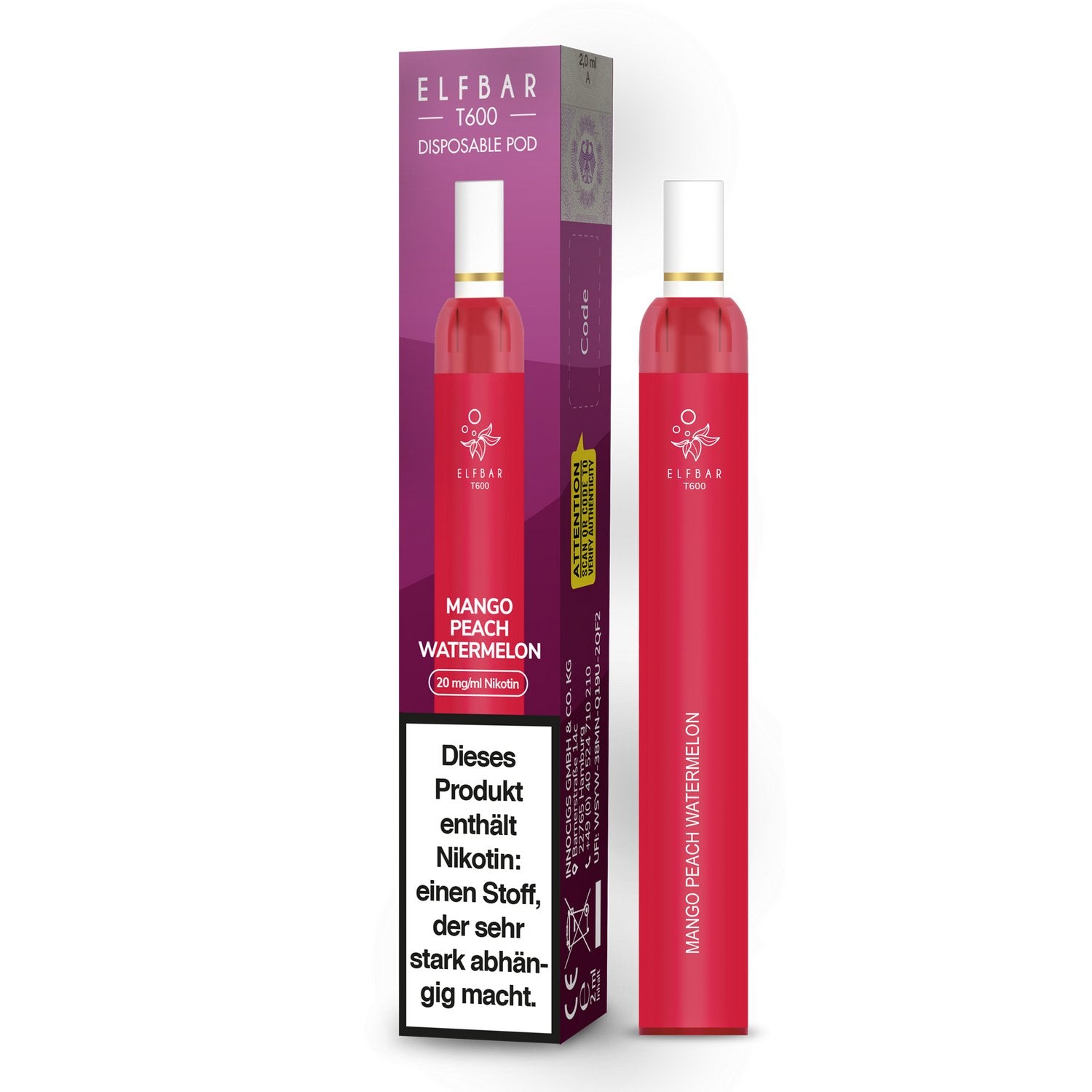 Elf Bar - T600 - Einweg E-Zigarette (Nikotinfrei/Nikotin) - Mango Peach Watermelon 1er Packung 20 mg/ml- Vapes4you