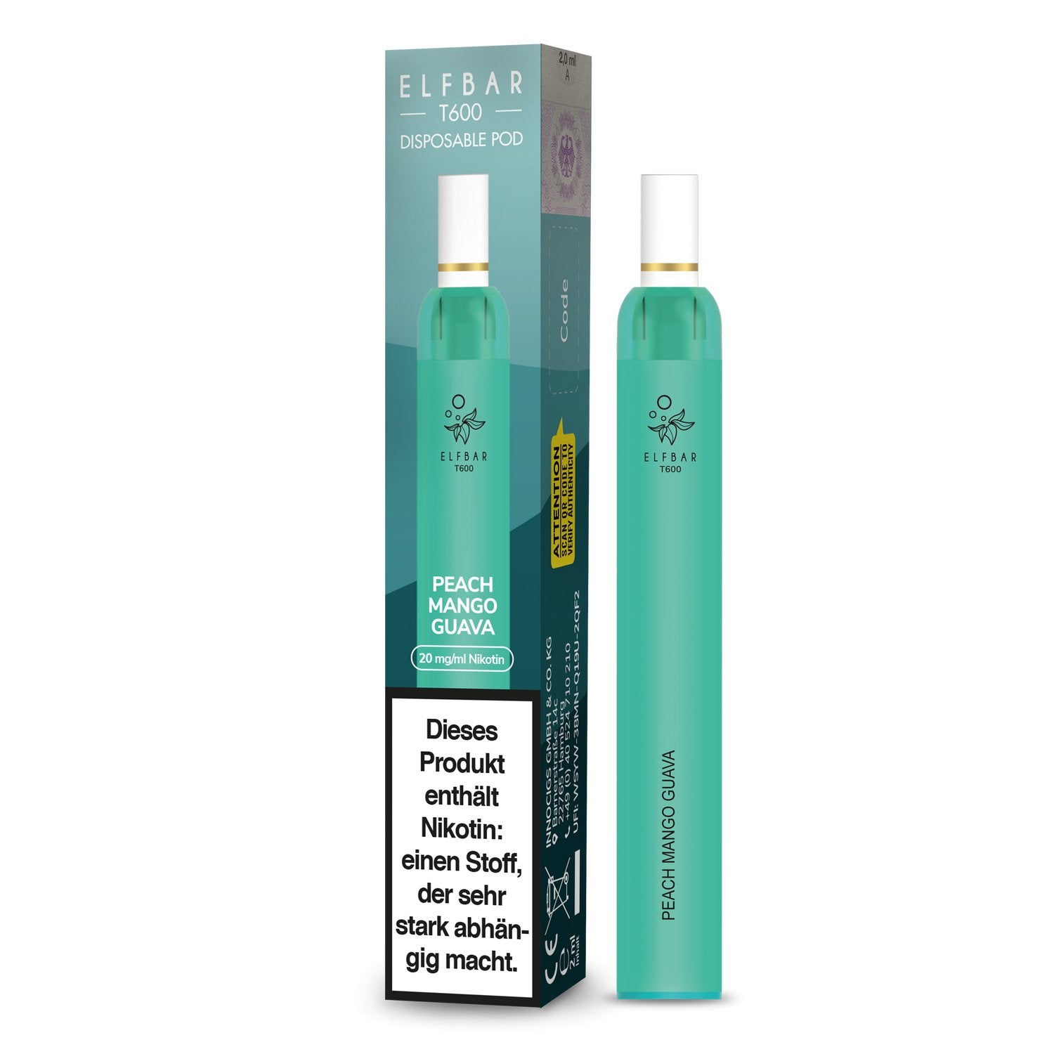 Elf Bar - T600 - Einweg E-Zigarette (Nikotinfrei/Nikotin) - Peach Mango Guava 1er Packung 20 mg/ml- Vapes4you
