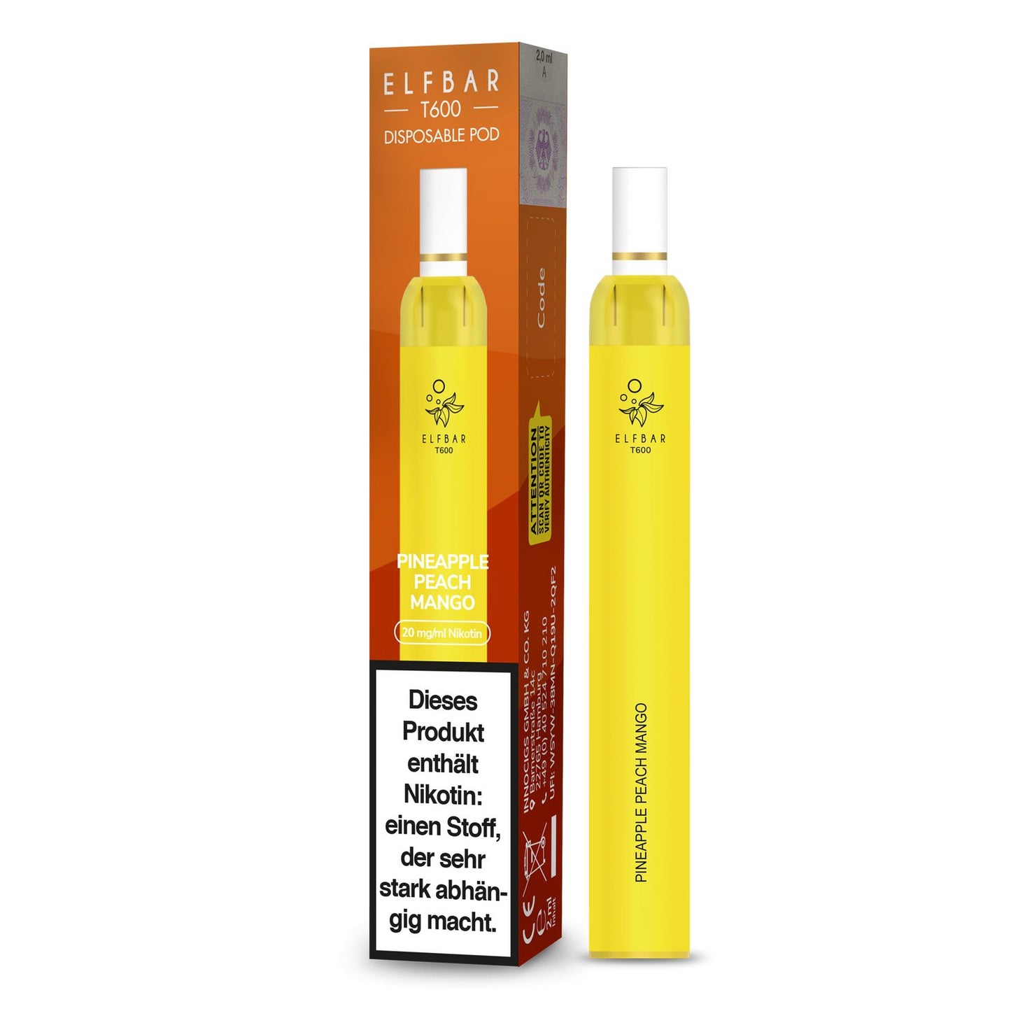Elf Bar - T600 - Einweg E-Zigarette (Nikotinfrei/Nikotin) - Pineapple Peach Mango 1er Packung 20 mg/ml- Vapes4you