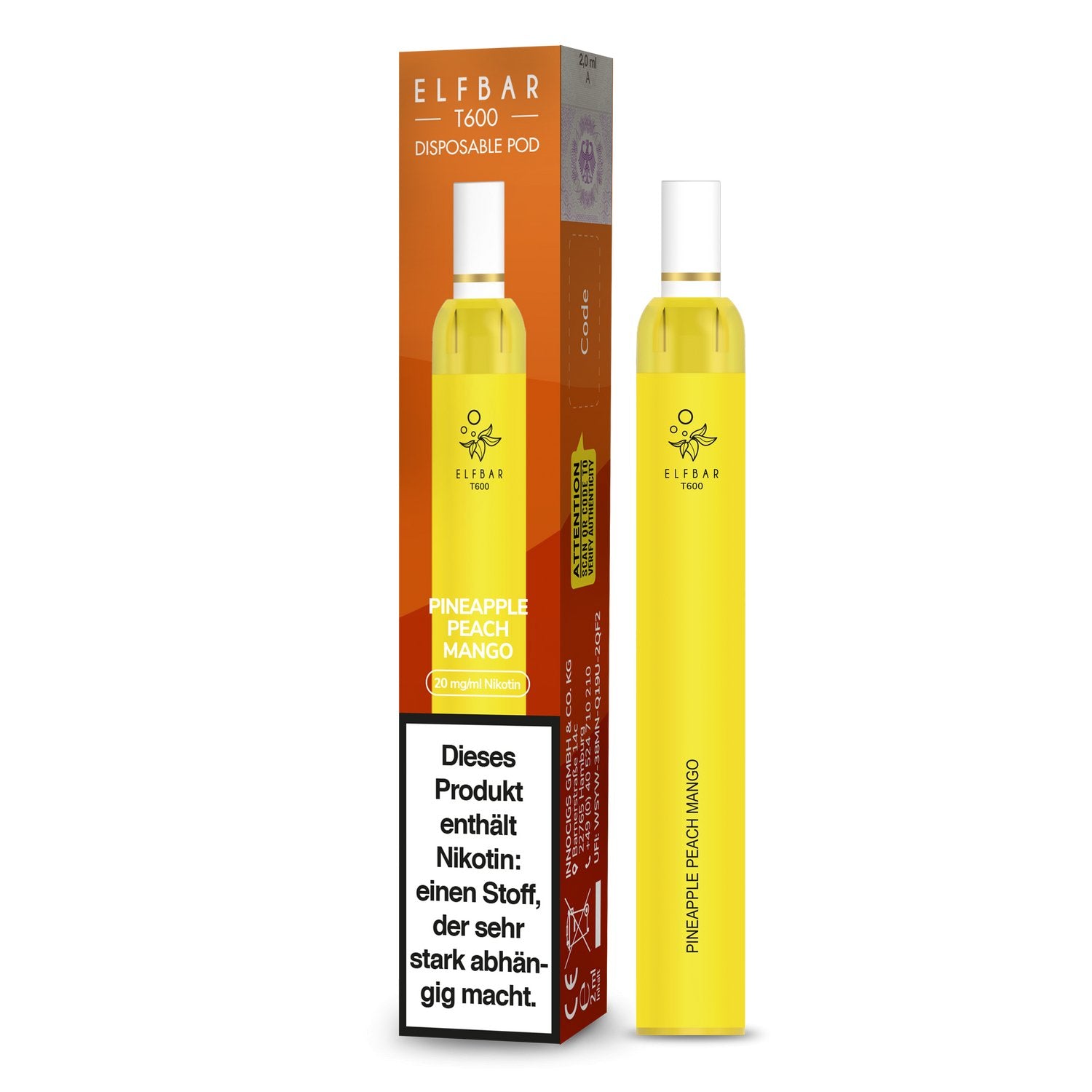 Elf Bar - T600 - Einweg E-Zigarette (Nikotinfrei/Nikotin) - Pineapple Peach Mango 1er Packung 20 mg/ml- Vapes4you