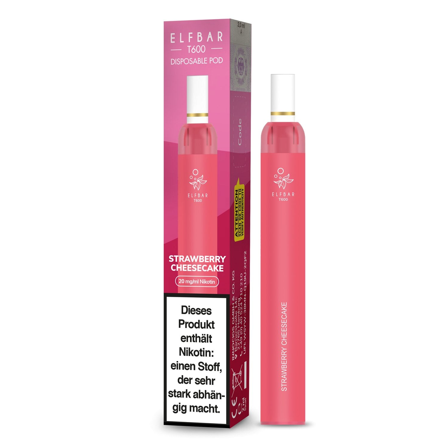 Elf Bar - T600 - Einweg E-Zigarette (Nikotinfrei/Nikotin) - Strawberry Cheesecake 1er Packung 20 mg/ml- Vapes4you