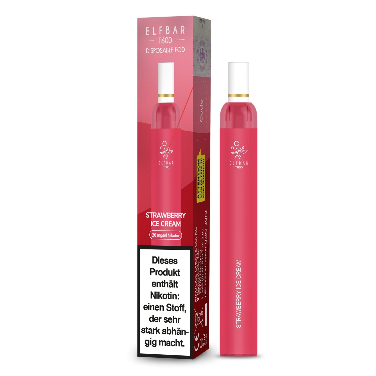 Elf Bar - T600 - Einweg E-Zigarette (Nikotinfrei/Nikotin) - Strawberry Ice Cream 1er Packung 20 mg/ml- Vapes4you