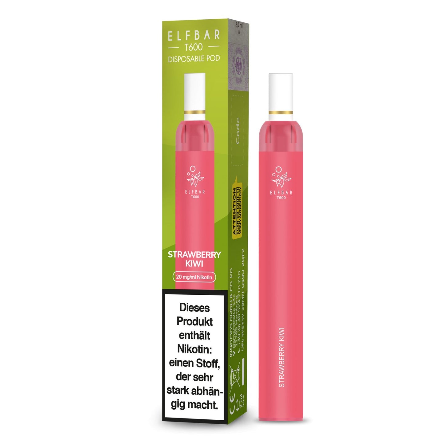 Elf Bar - T600 - Einweg E-Zigarette (Nikotinfrei/Nikotin) - Strawberry Kiwi 1er Packung 20 mg/ml- Vapes4you