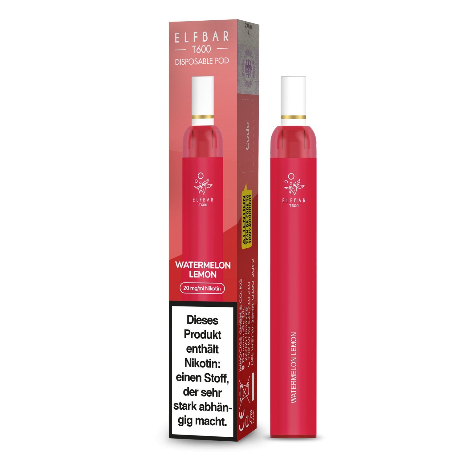 Elf Bar - T600 - Einweg E-Zigarette (Nikotinfrei/Nikotin) - Watermelon Lemon 1er Packung 20 mg/ml- Vapes4you