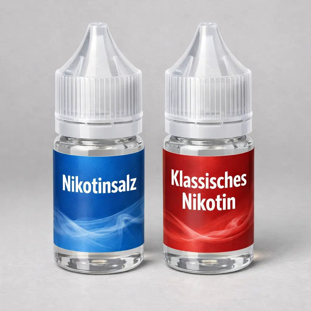 Zwei E-Liquid Flaschen nebeneinander – Nikotinsalz vs klassisches Nikotin