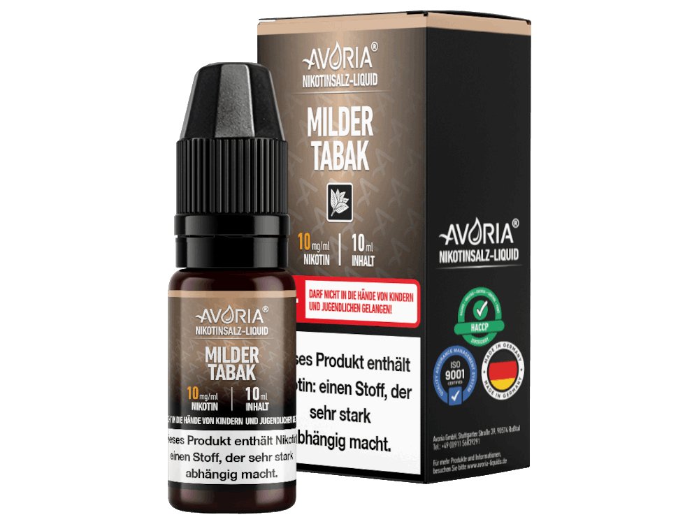 Avoria - Milder Tabak - 10ml Fertigliquid (Nikotinsalz) - Milder Tabak 1er Packung 10 mg/ml- Vapes4you