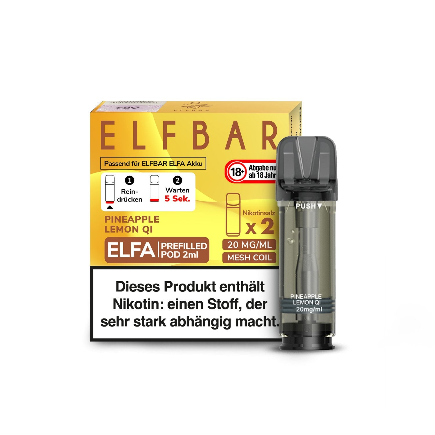 Elf Bar - Elfa - 2ml Prefilled Pods (2 Stück pro Packung) - Pineapple Lemon Qi 1er Packung 20 mg/ml- Vapes4you
