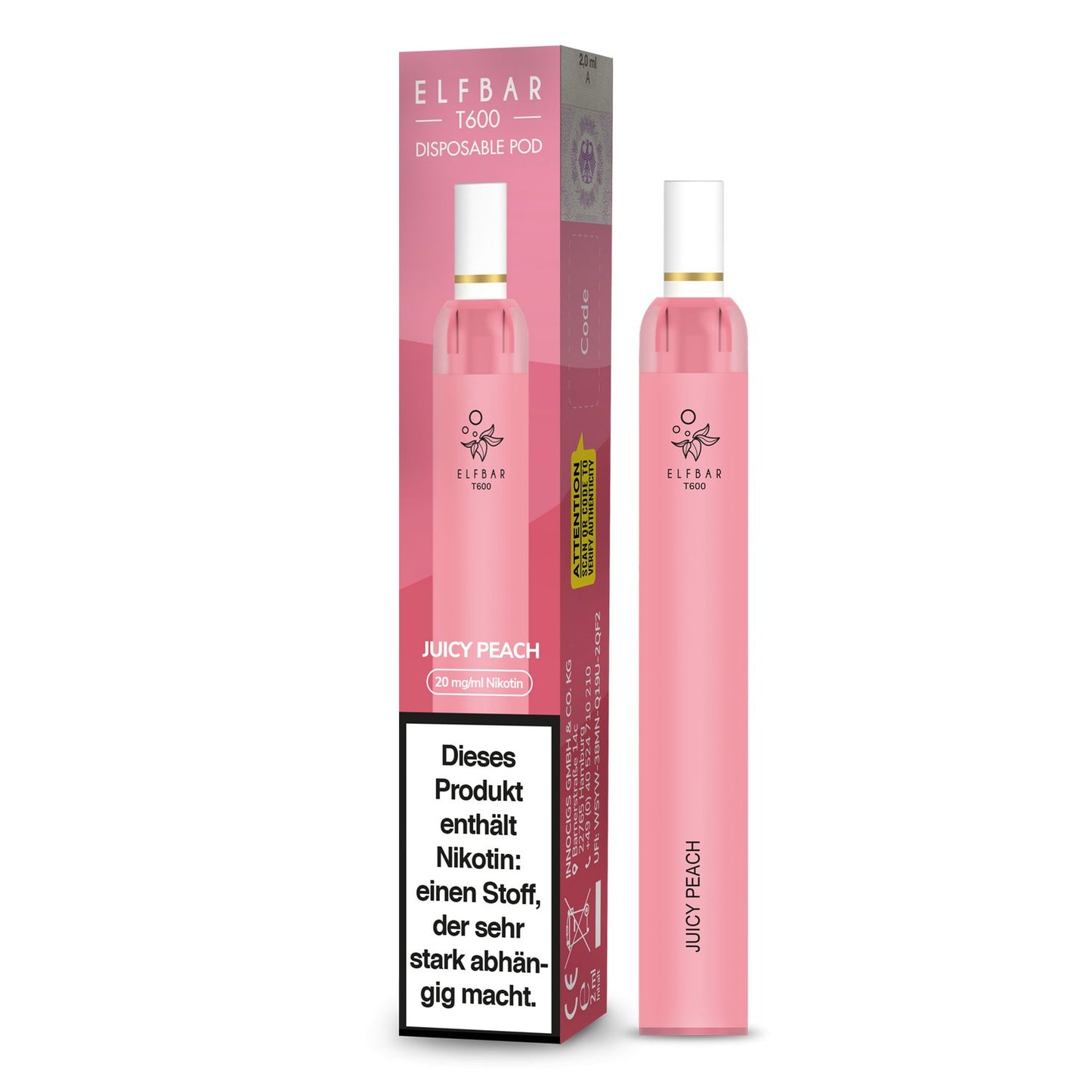 Elf Bar - T600 - Einweg E-Zigarette (Nikotinfrei/Nikotin) - Juicy Peach 1er Packung 20 mg/ml- Vapes4you