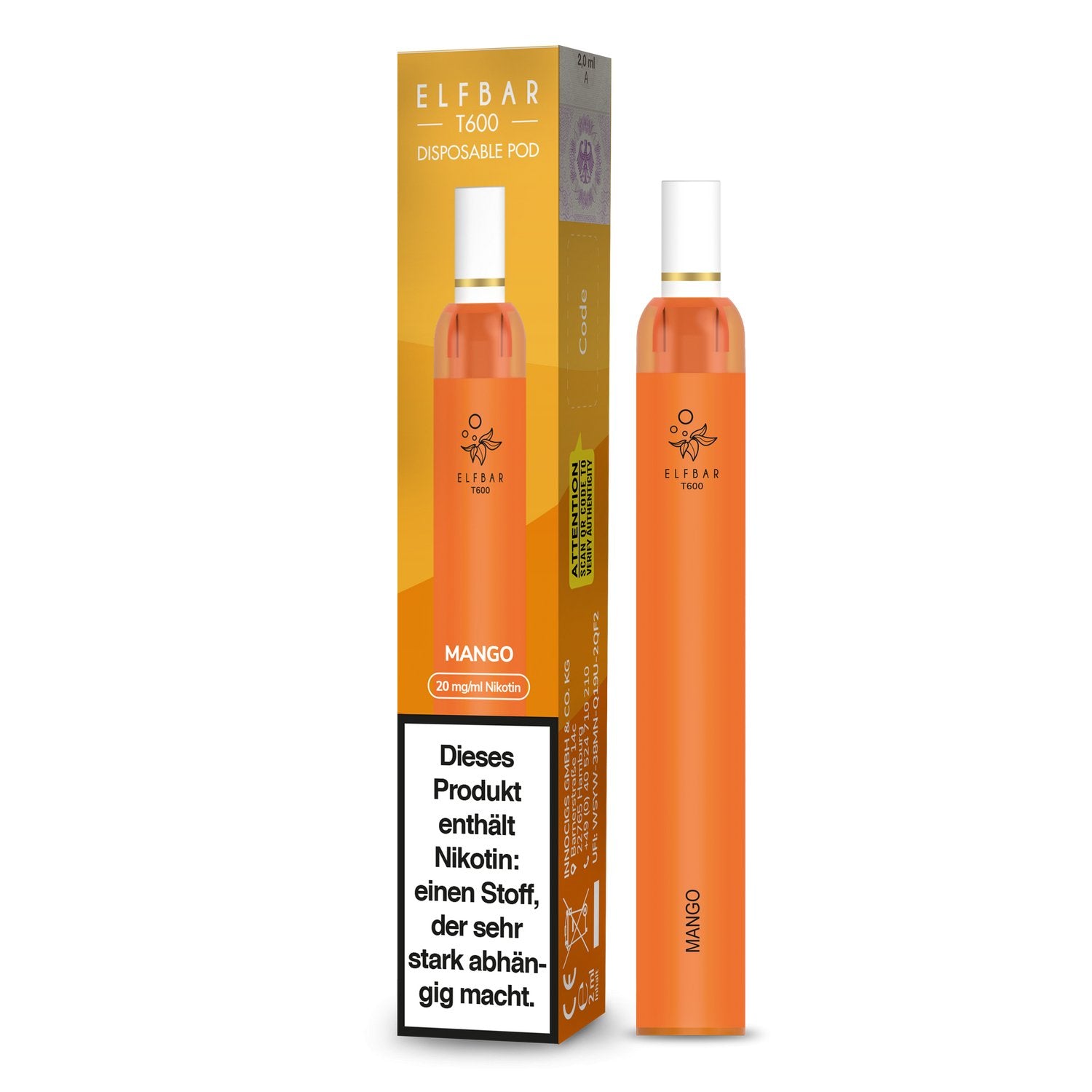 Elf Bar - T600 - Einweg E-Zigarette (Nikotinfrei/Nikotin) - Mango 1er Packung 20 mg/ml- Vapes4you